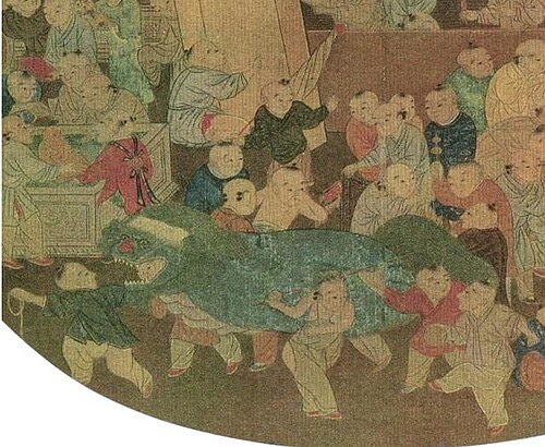 Bức tranh thời nhà Tống "Một trăm trẻ em chơi trong mùa xuân" của Tô Hán Thần cho thấy trẻ em biểu diễn múa lân